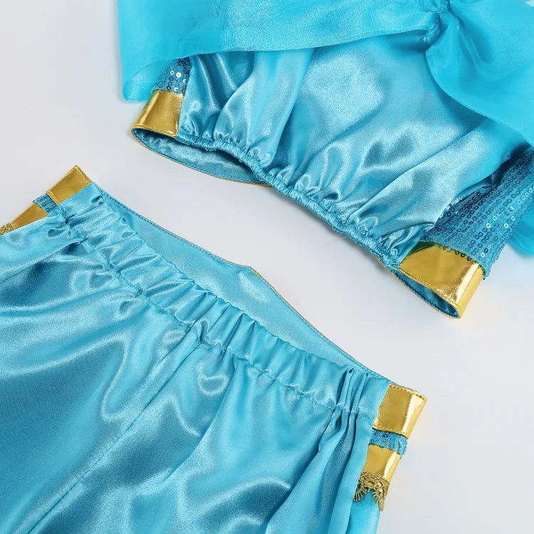 Turquoise satin pants with elastic waist and gold cuff trim