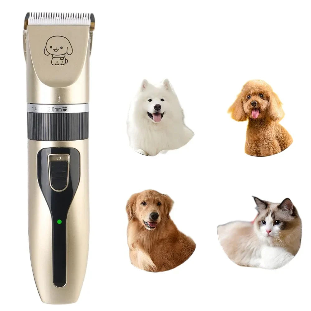 Gold pet clipper with blade guard shown with multiple pets and guard attachments