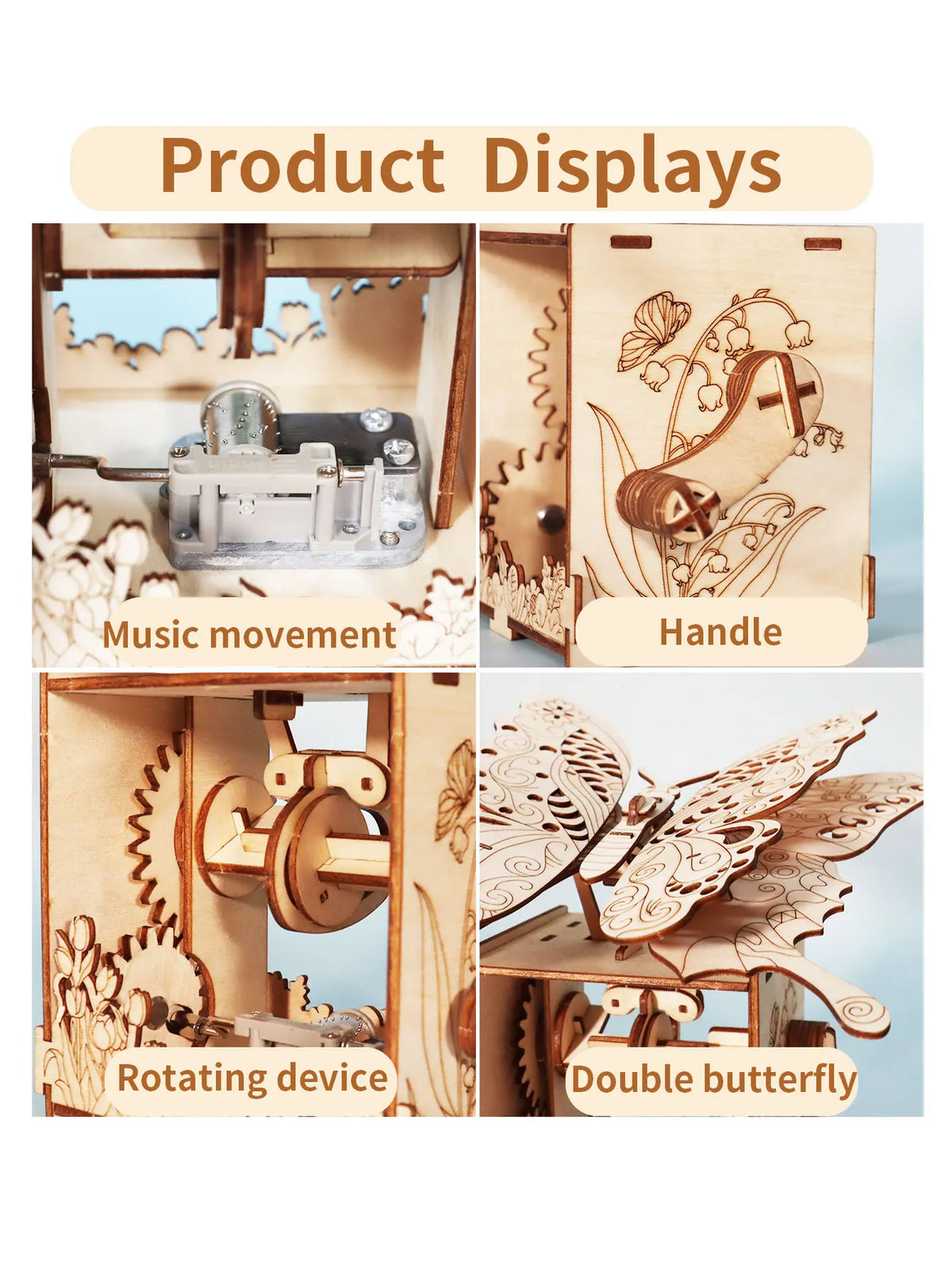 Wooden music box kit showing music movement, rotating device, and double butterfly