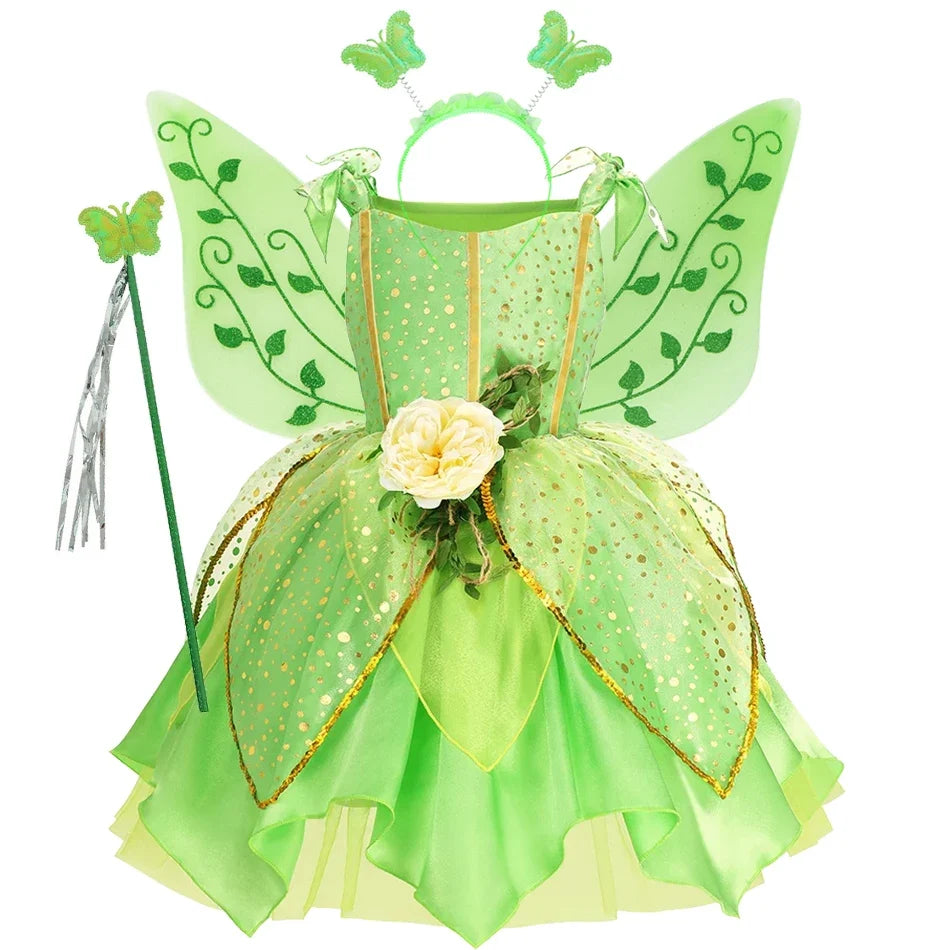 Kids green fairy dress with polka-dot bodice and layered tulle skirt, wing headpiece