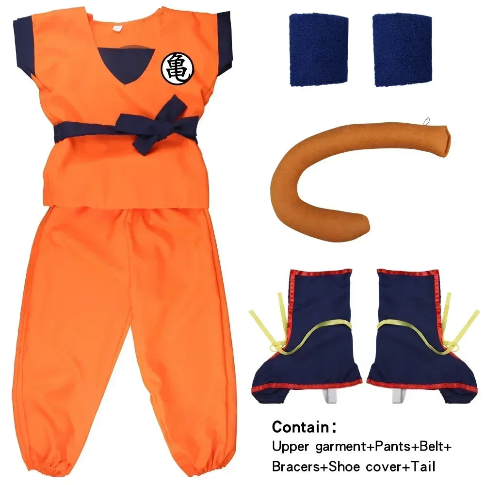 Orange anime martial-arts cosplay jumpsuit with black collar and belt, plus leg covers