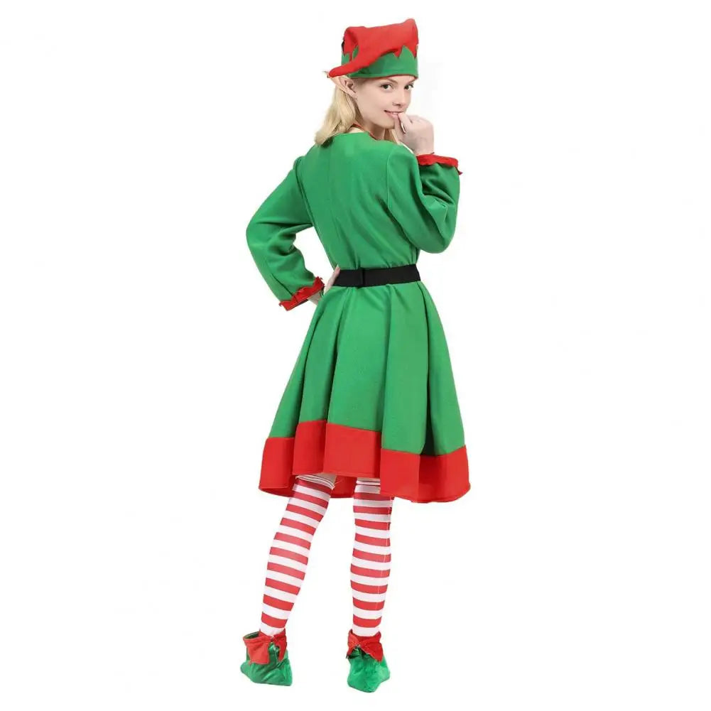 Women’s green elf dress costume with red trim, striped leggings, elf hat and green shoes