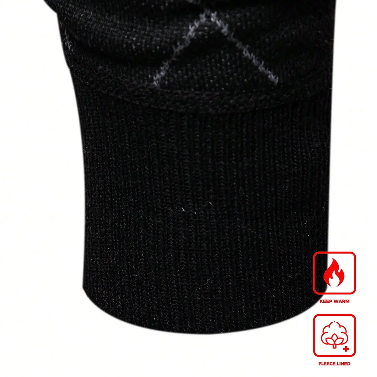 Black knit sweater cuff and hem with ribbed knit and keep-warm fleece-lining icons