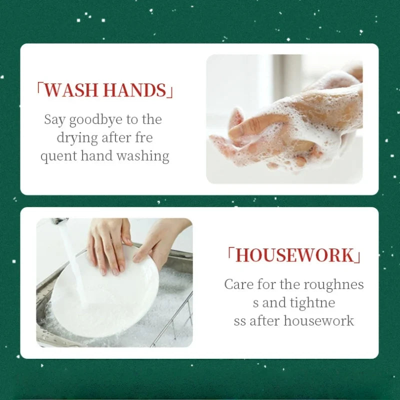 Hand care gift set card showing hands washing and housework use
