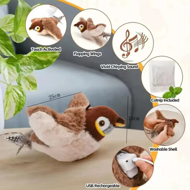 Brown plush bird cat toy with flapping wings and touch activation