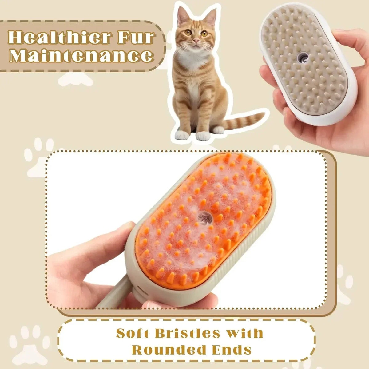 Electric steam pet brush comb with rounded soft bristles, orange top, held in hand