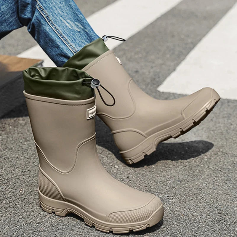 Women's mid-calf rain boots, beige rubber with green cuff and lace pull tabs