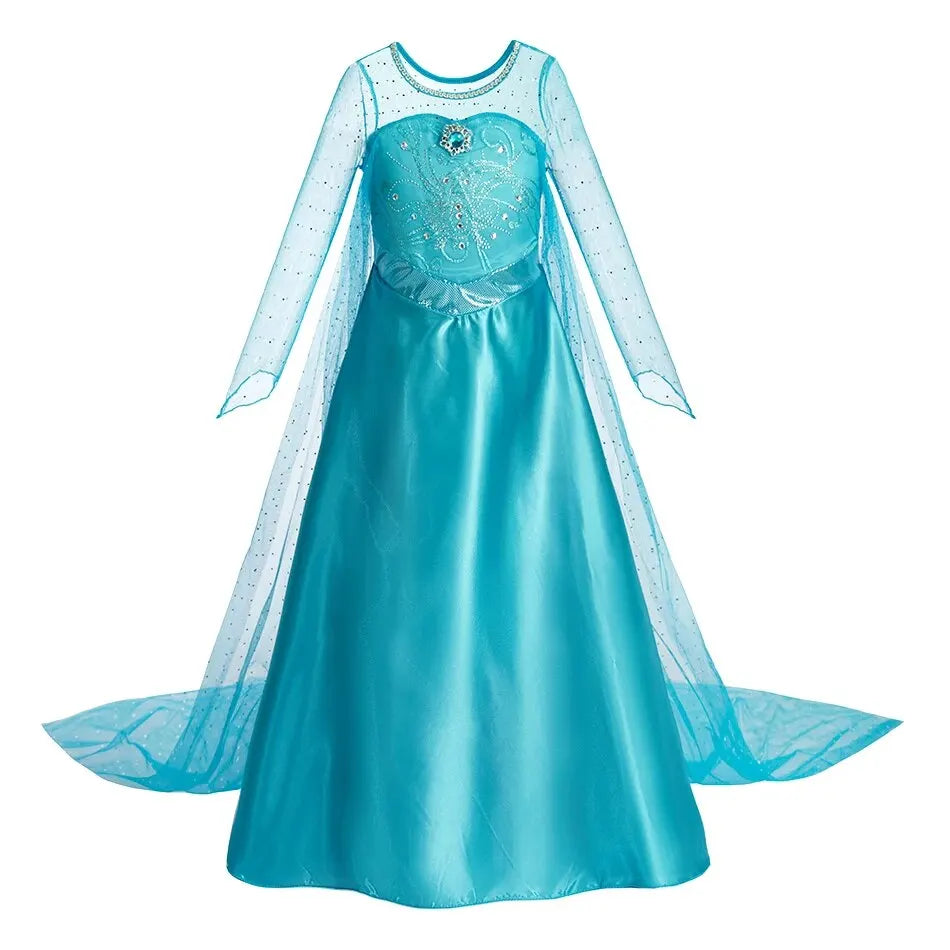 Turquoise princess dress with long sheer cape and flared tulle skirt