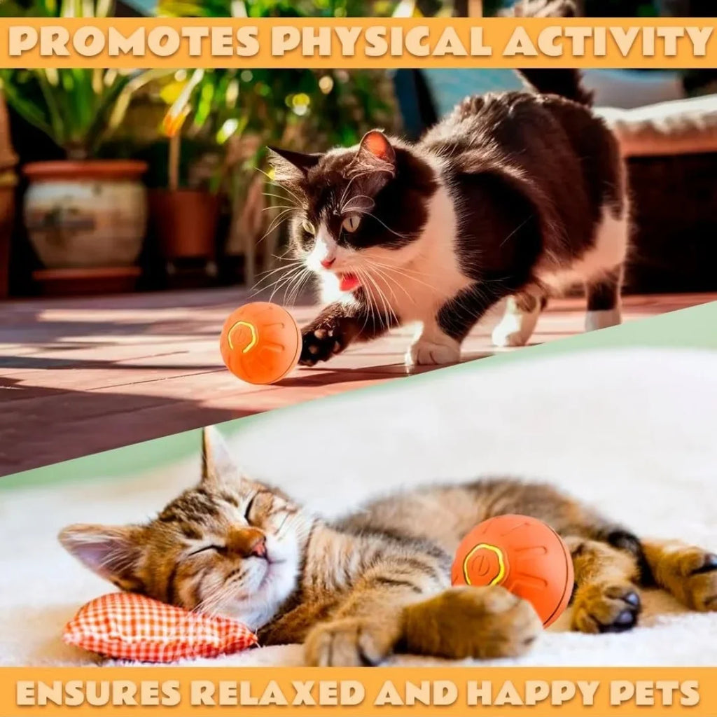 Smart electric bouncing pet ball toy with orange shell and glowing light ring