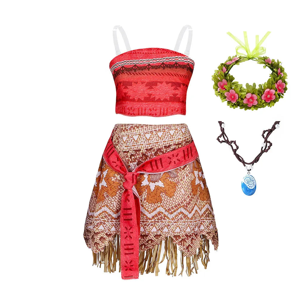 Girls costume set, front view: red patterned top and brown wrap skirt with fringe trim.