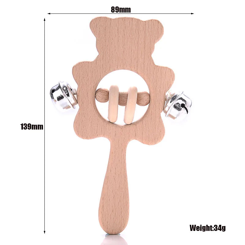 Beech wood bear ring teether with two side metal rattle bells, size dimensions shown