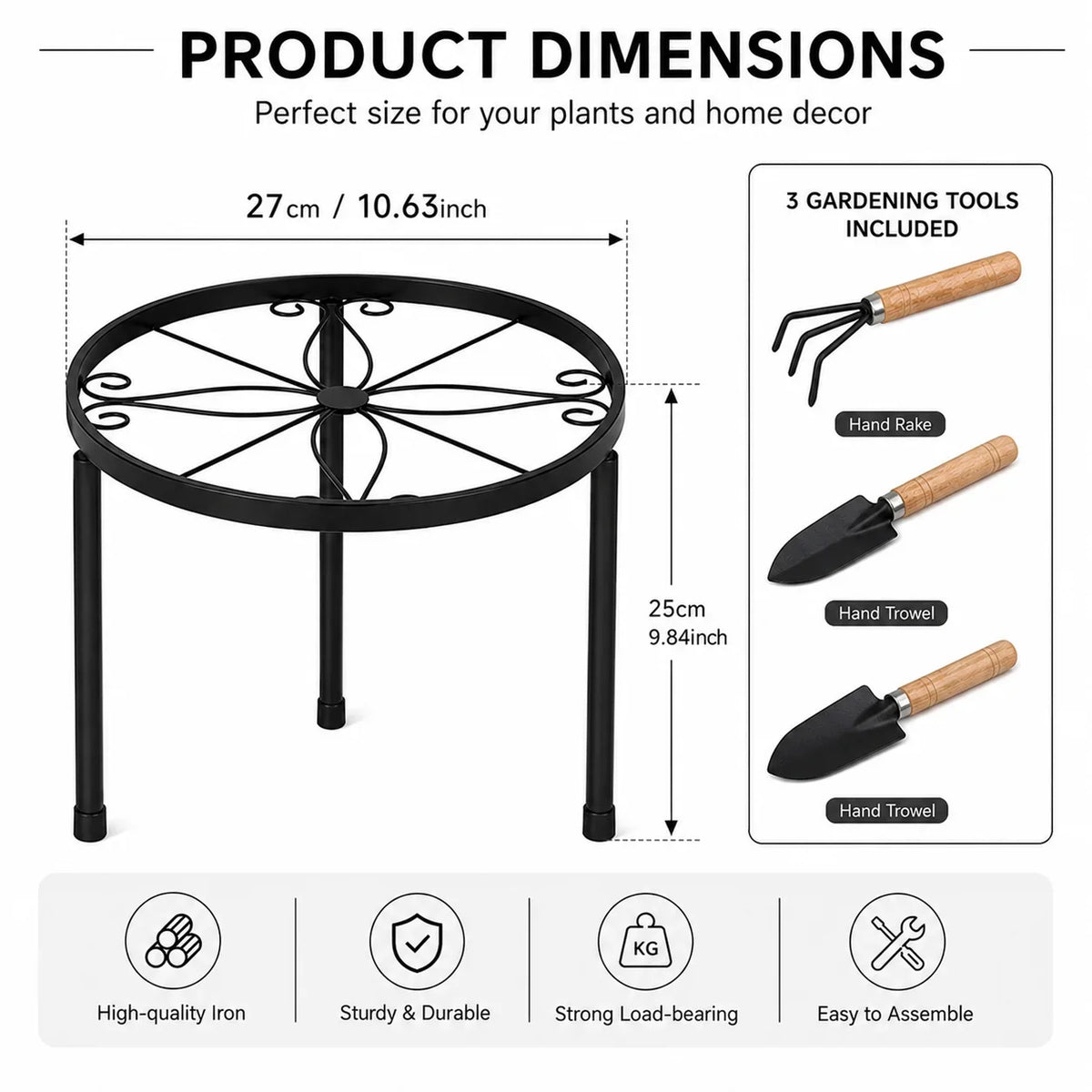 Round black iron plant stand top with decorative ring and support bars