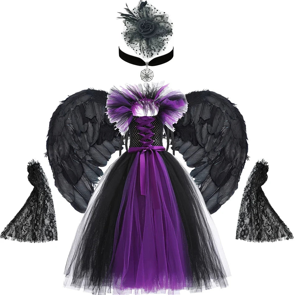 Girls black and purple tulle dress with lace-up bodice and black winged sleeves