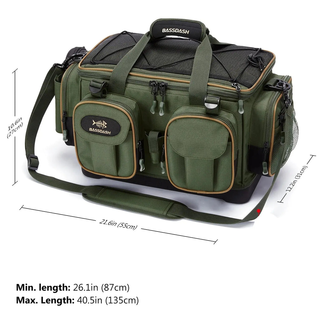 Army green tackle shoulder bag with front pockets, side pouches, and adjustable strap