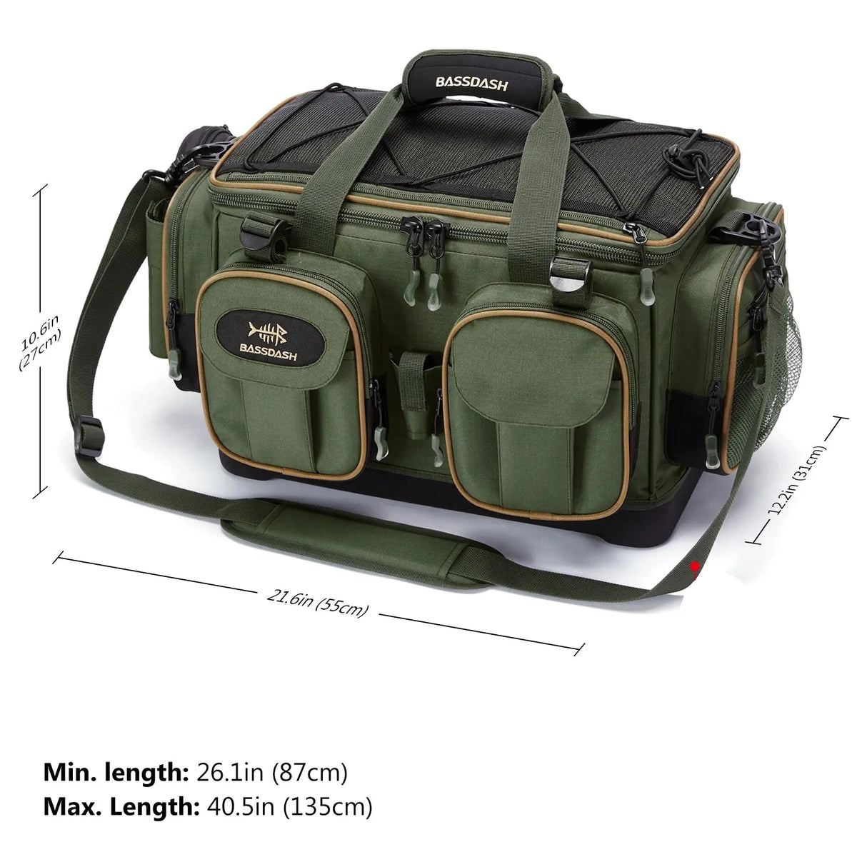 Army green tackle shoulder bag with front pockets, side pouches, and adjustable strap