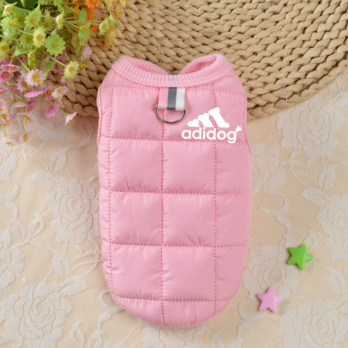 Pink puffer dog hoodie coat with hood, front ring, and adidog logo