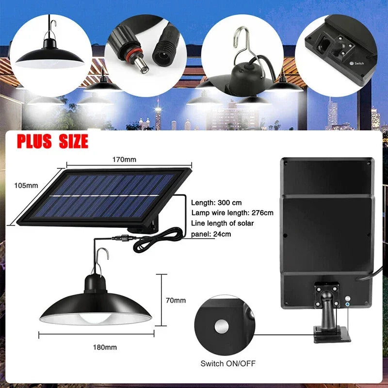 Solar outdoor pendant light set, plus-size panel with two hanging black lamp shades and stand