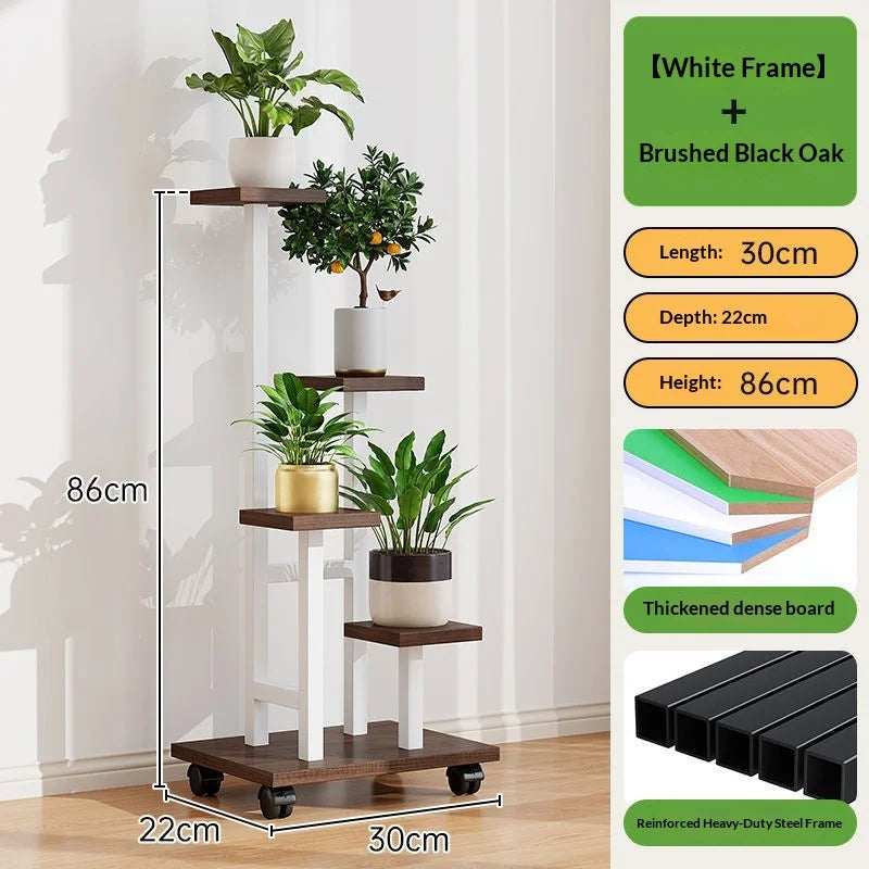 White-frame rolling plant rack with dark oak-toned boards and caster wheels.