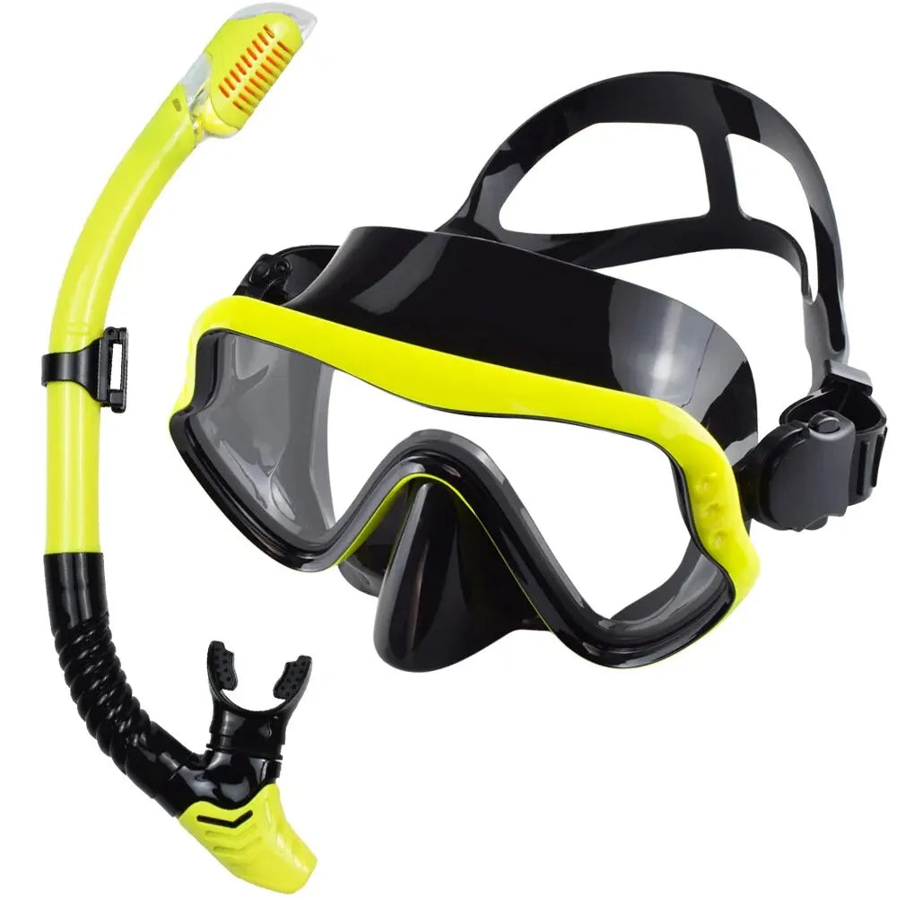 Black and neon yellow adult snorkel mask set with panoramic tempered glass lenses and dry tube