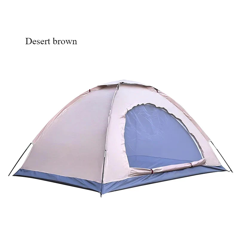 Desert brown dome camping tent with arched front entrance and blue mesh window