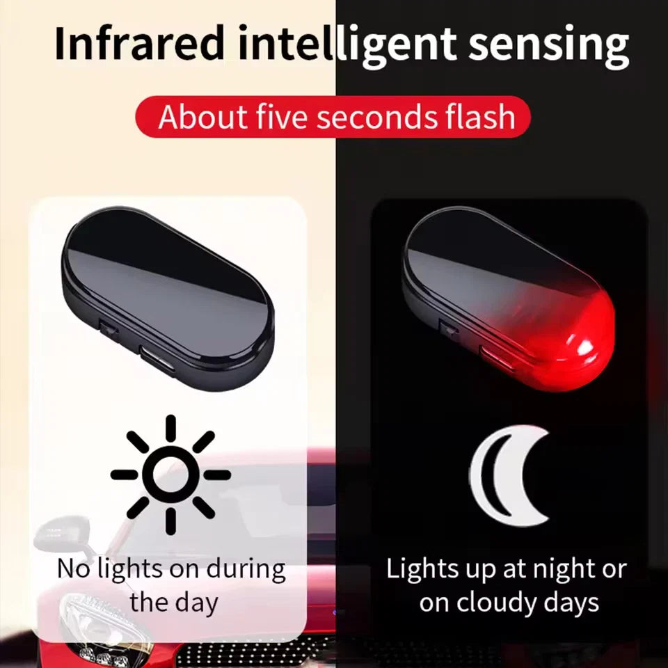 Solar dummy alarm light set with black body and red LED glow, oval design