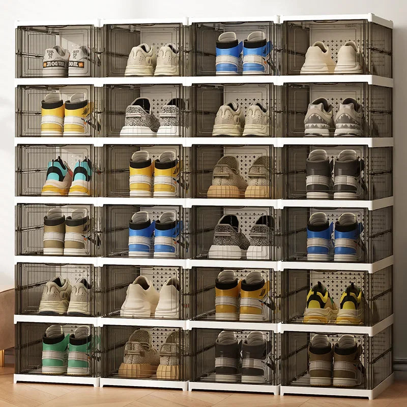 Tall clear shoe organizer cabinet with multiple transparent compartments holding sneakers