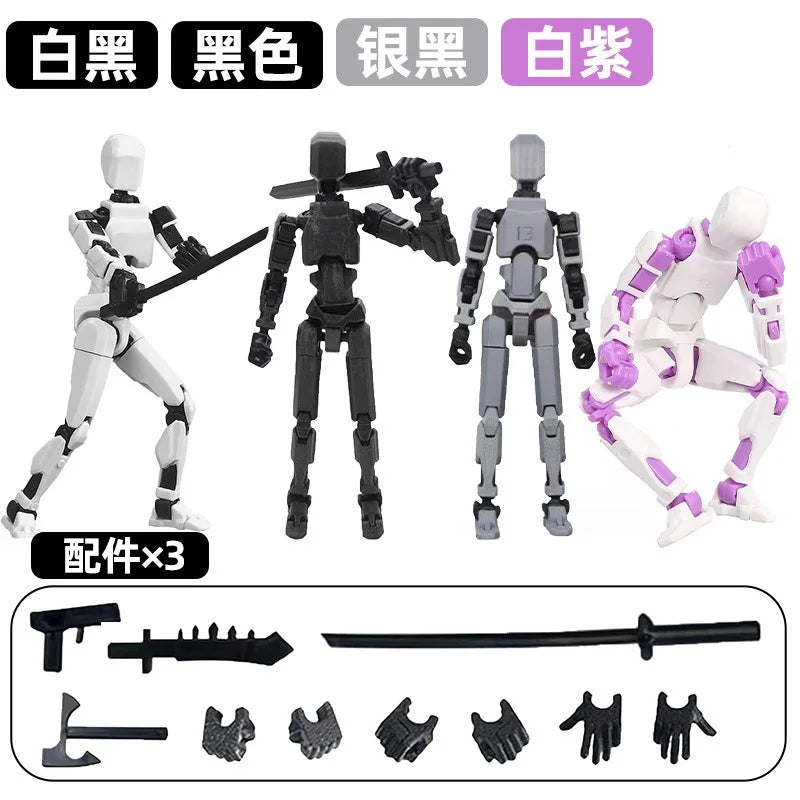 Set of blue, black, gray, and purple multi-jointed robot figures with weapon parts