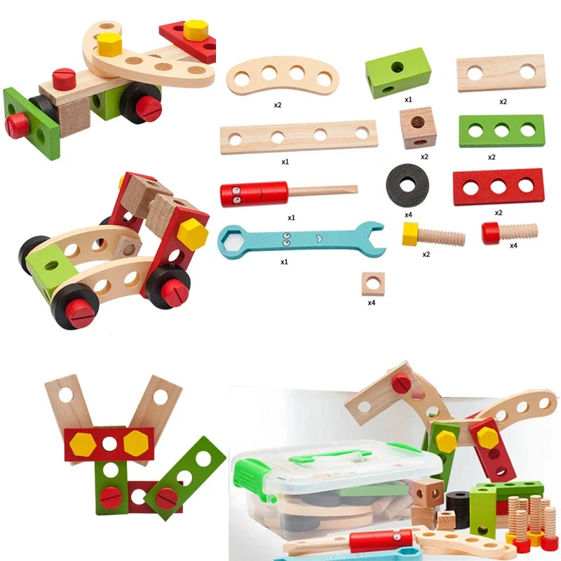 Kids wooden tool set parts with toy vehicle pieces and mixed hardware beside organizer