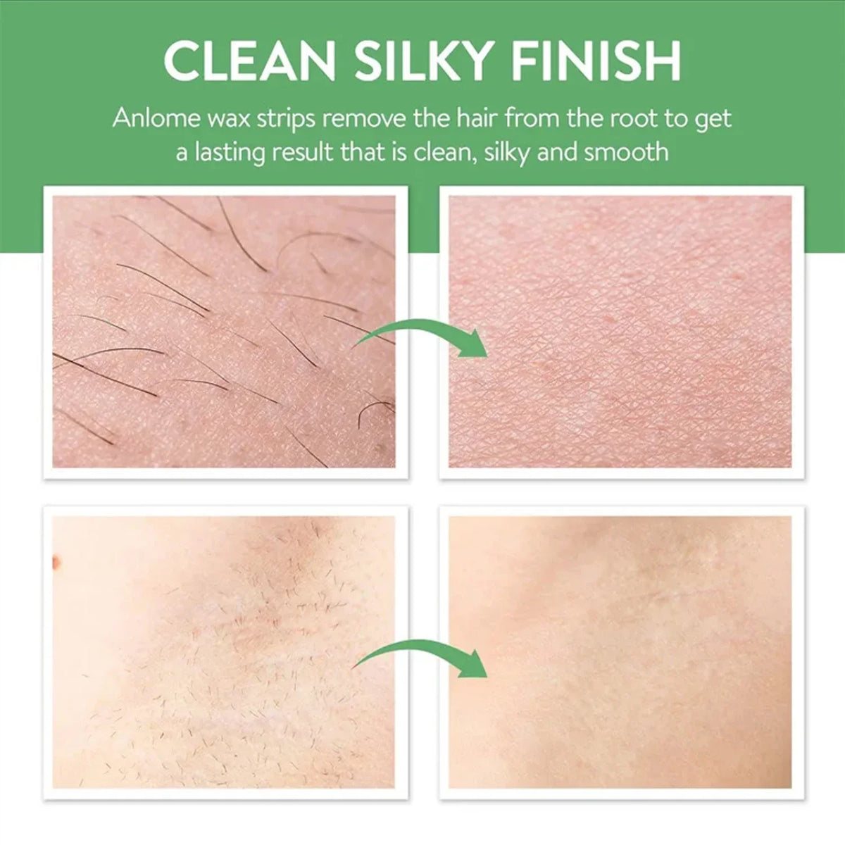 Wax hair removal strips before-and-after result panels for cleaner, smoother skin.