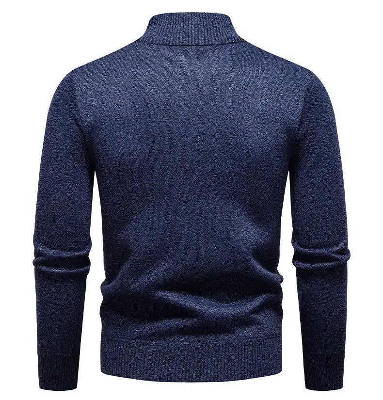 Dark blue knit pullover sweater with stand collar and half-zip