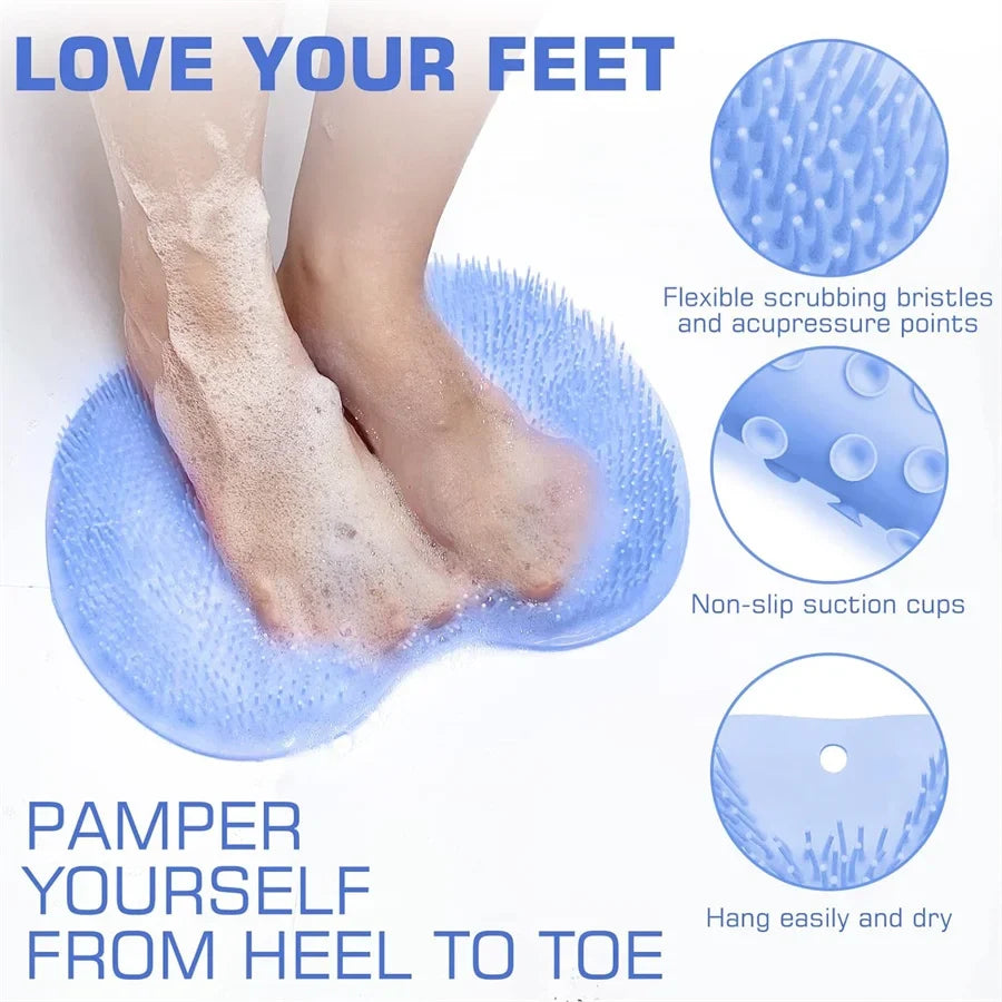 Blue shower foot scrubber mat with flexible bristles and acupressure points