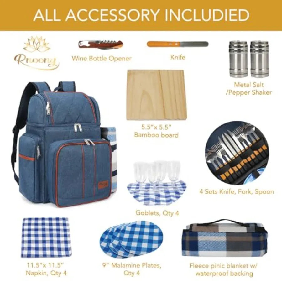 Blue picnic backpack cooler bag with accessories: cutlery set, plates, salt and pepper
