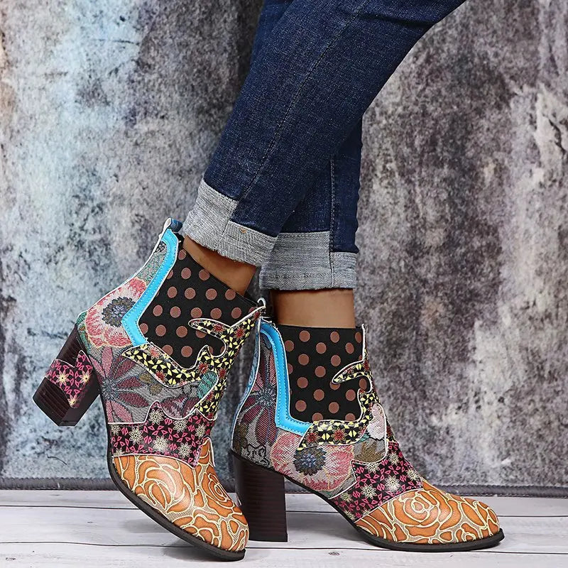 Women’s ankle boots with dark polka-dot fabric, colorful patchwork, and side zipper.