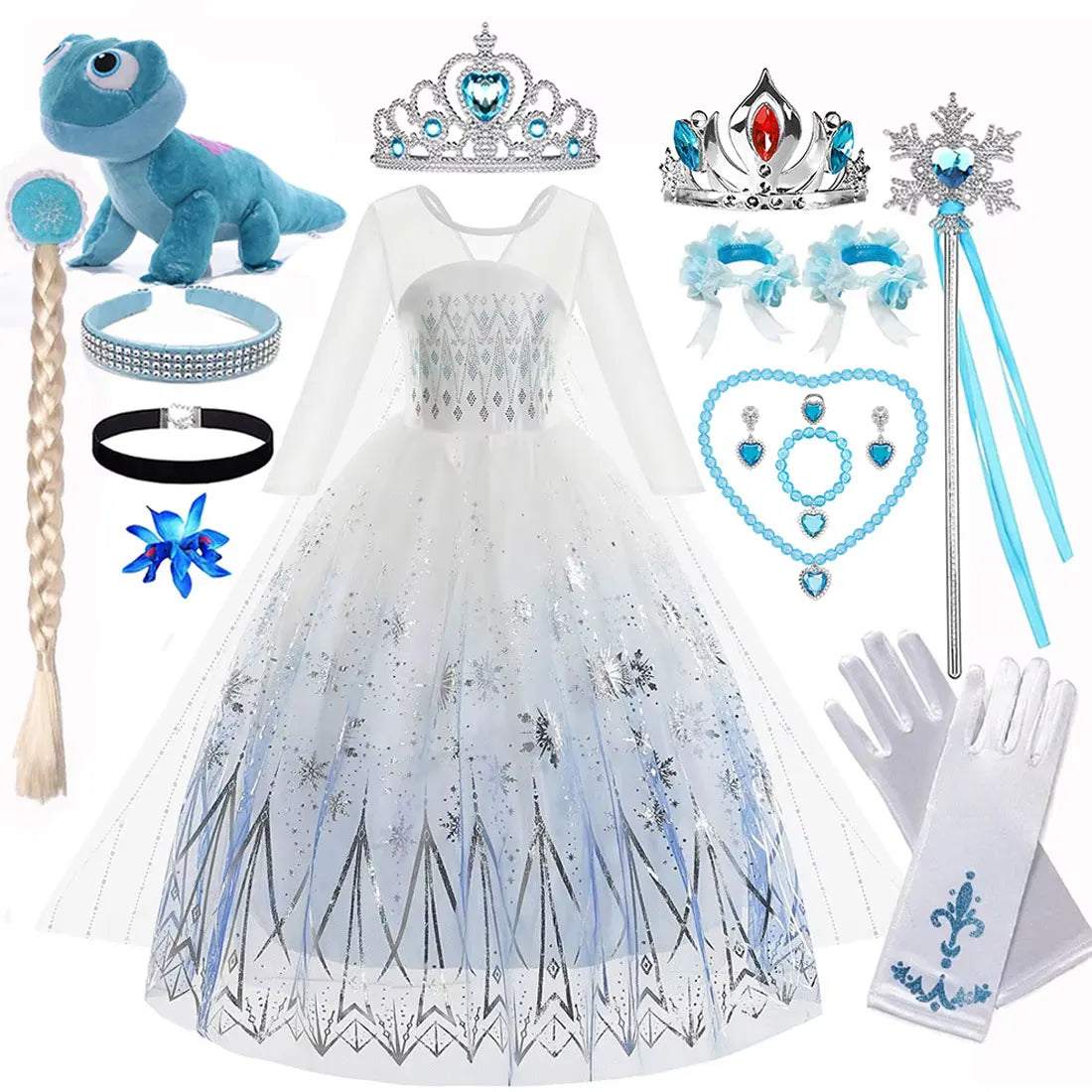 Girls white tulle lace party dress with blue snowflake print, long sheer sleeves