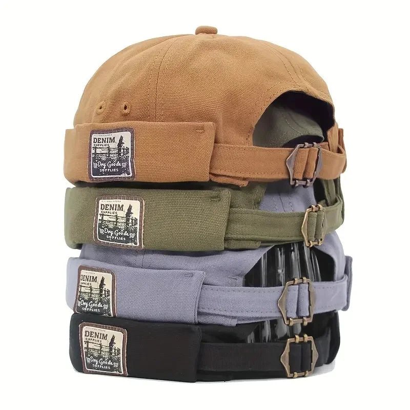 Tan, olive, blue and black dome cap set with denim logo patches and straps