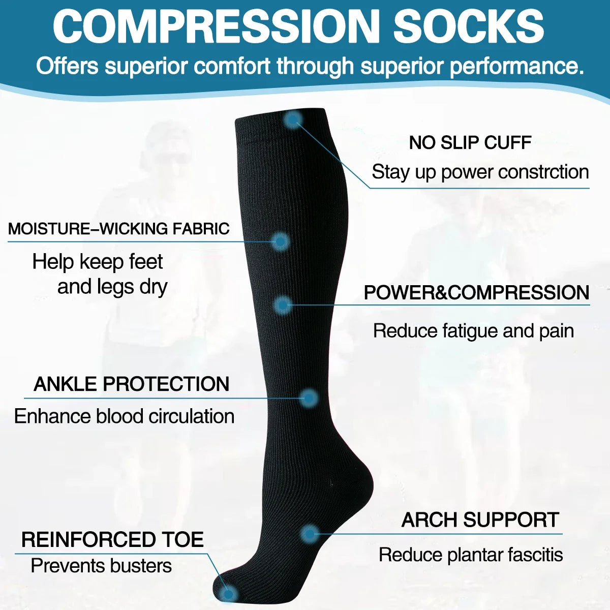 Black knee-high compression sock, ribbed knit over-calf length