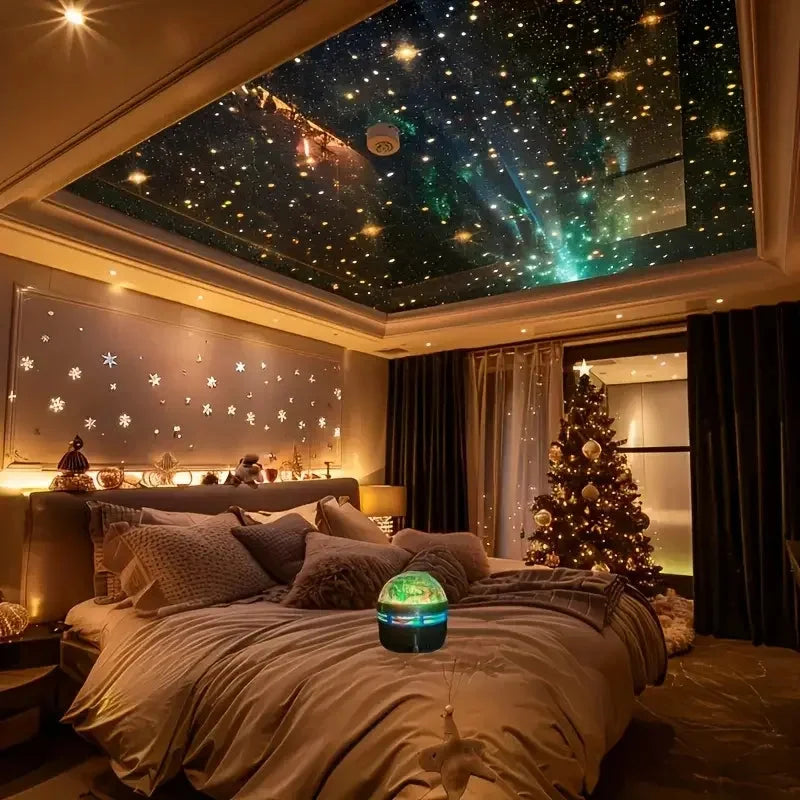 Multicolor LED galaxy projector light on a bed, projecting starry patterns overhead.