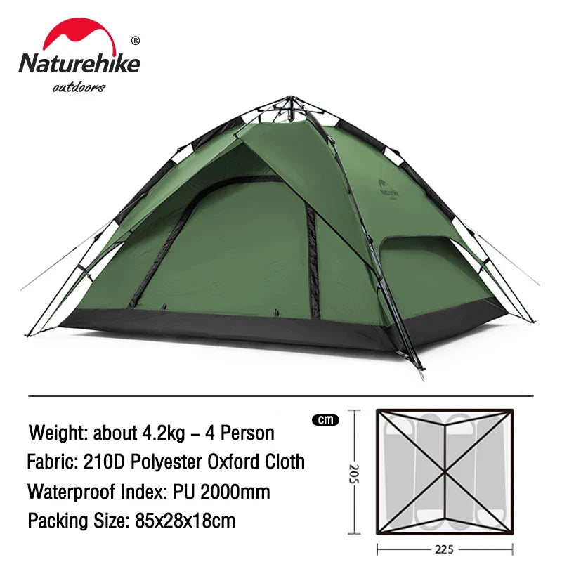 Dark green dome tent with front door opening and full-width rainfly at the base