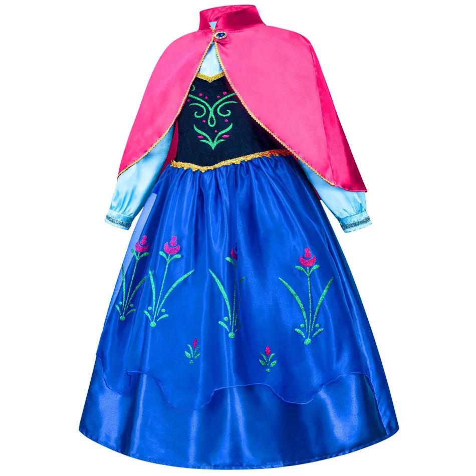 Girls princess costume dress, back view with pink cape and blue skirt