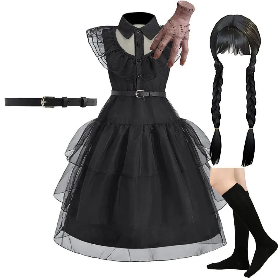Kids black princess costume dress with puff sleeves, Peter Pan collar, tulle skirt