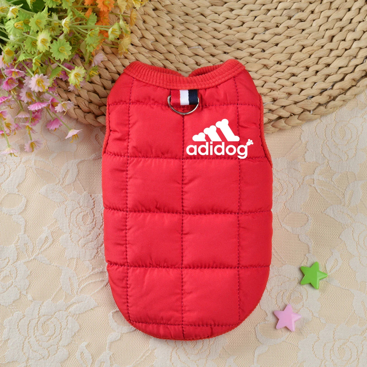 Red puffer dog hoodie coat with hood, front ring, and adidog logo