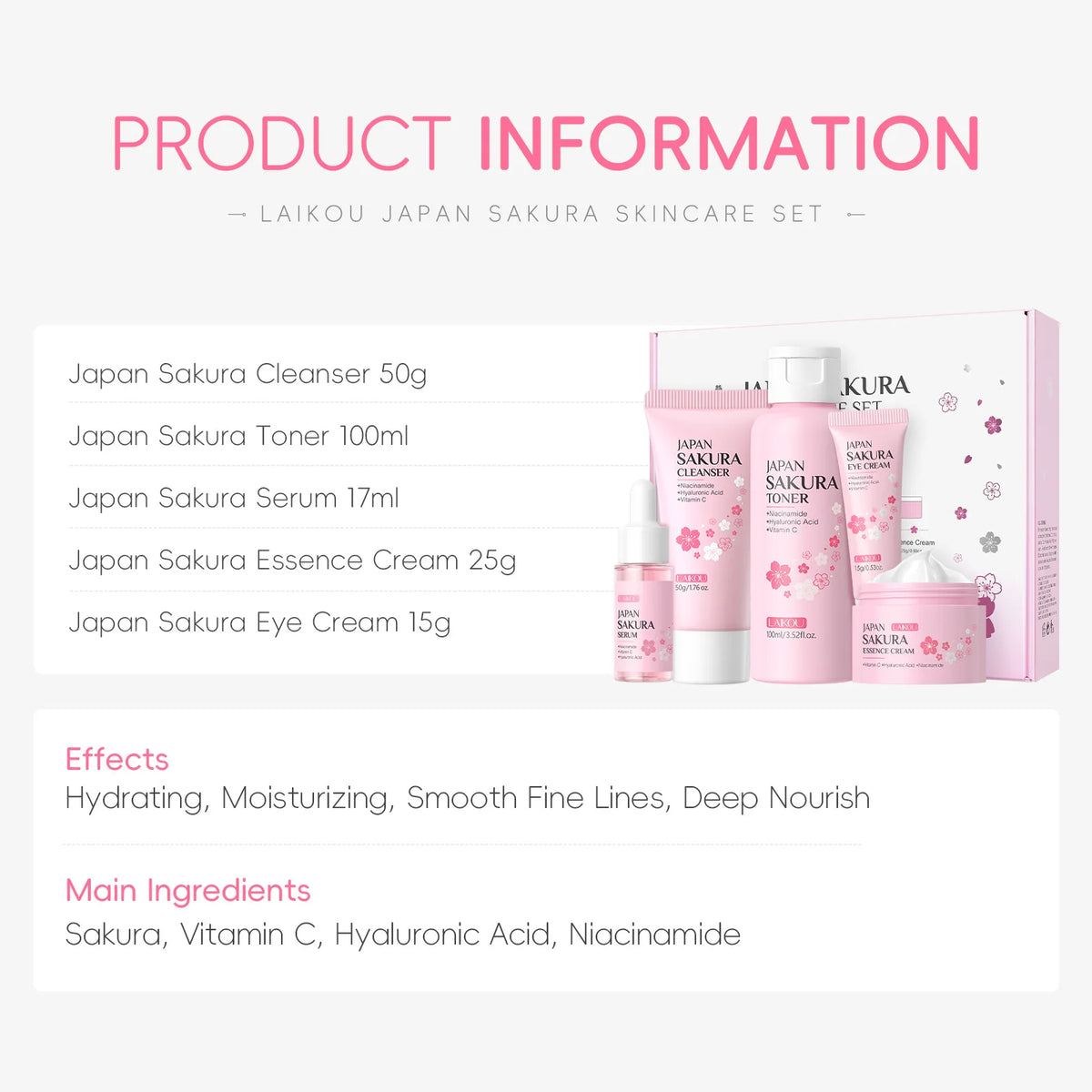 Sakura skincare set product information card listing cleanser, toner, serum, essence cream, and eye cream