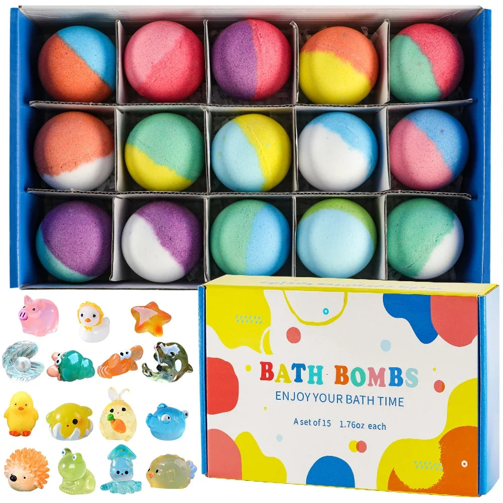 Kids bath bomb gift set with 15 colorful bath bombs in a box tray