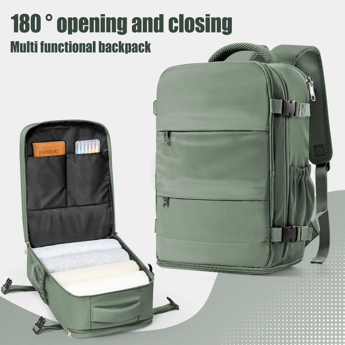 Army green travel backpack with front zip pockets and adjustable shoulder straps