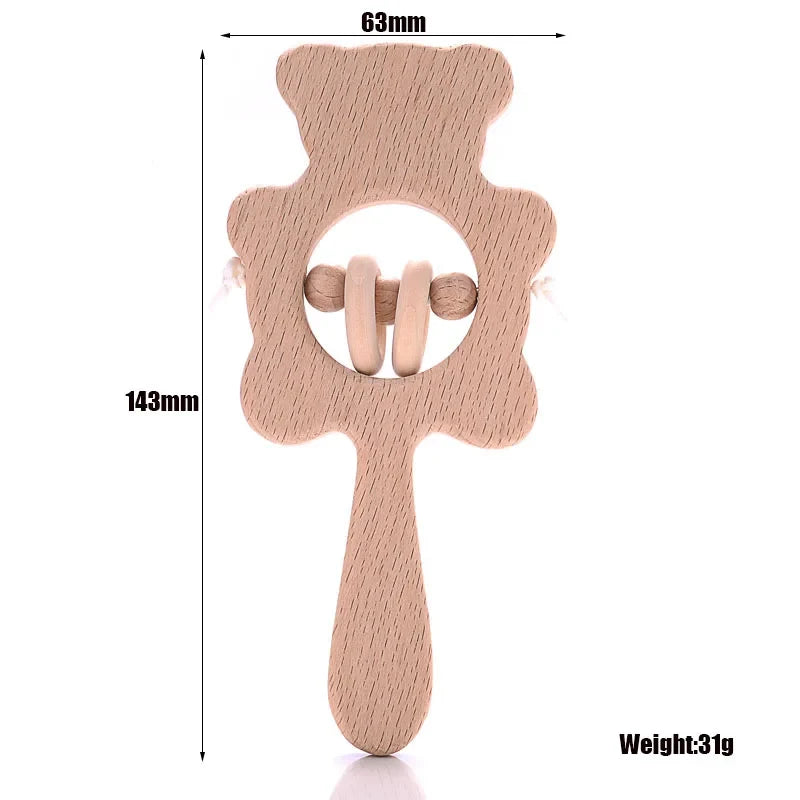 Beech wood bear ring teether with metal rattle bell, with size dimensions shown