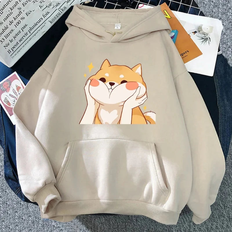 Light beige Shiba Inu graphic hoodie with kangaroo pocket and drawstring hood