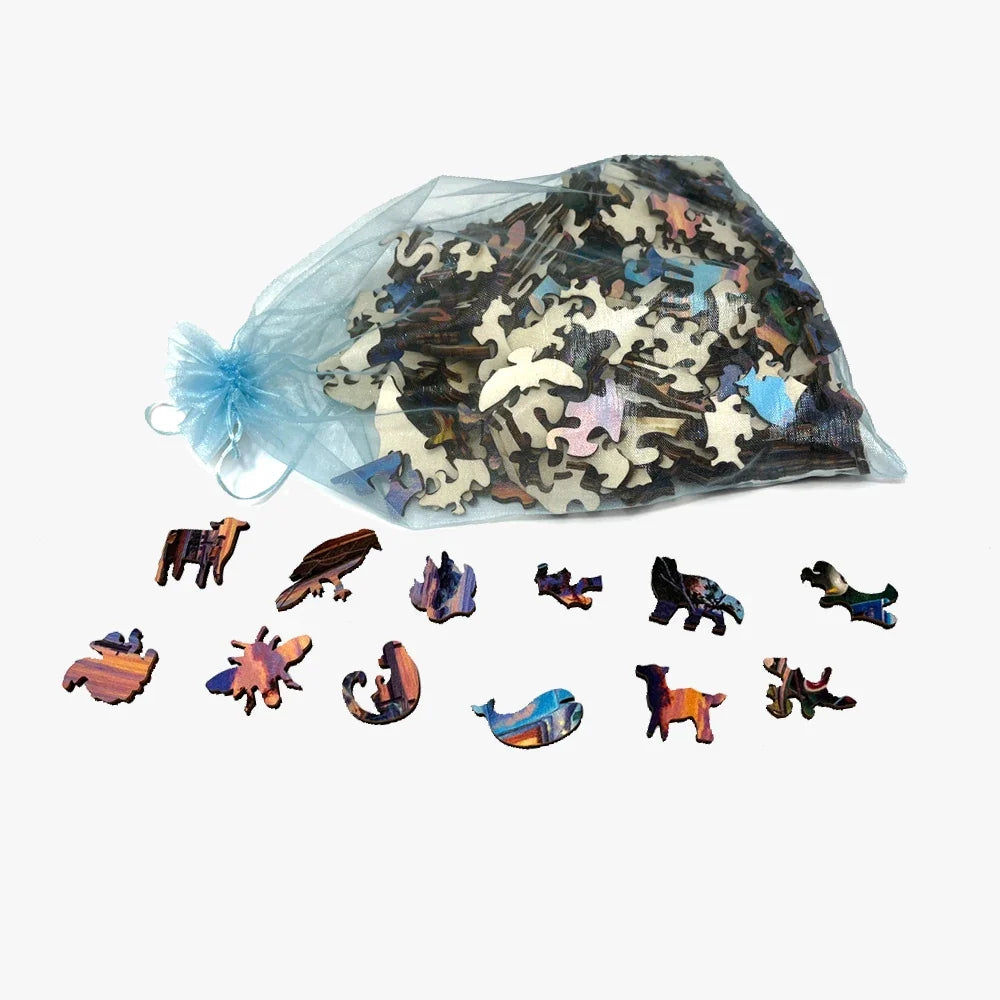Colorful wooden cat jigsaw puzzle pieces in a drawstring bag, cat artwork on puzzle