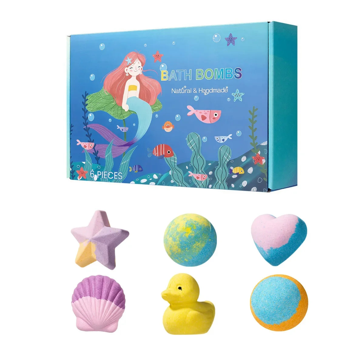 Mermaid bath bomb gift set box with pastel bath bombs and star or shell shapes