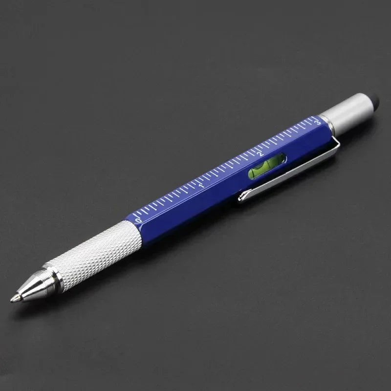 7-in-1 stylus pen with blue ruler section and silver metal cap