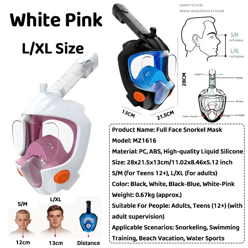 Full face snorkel mask, white-pink frame with pink-tinted visor, L/XL size